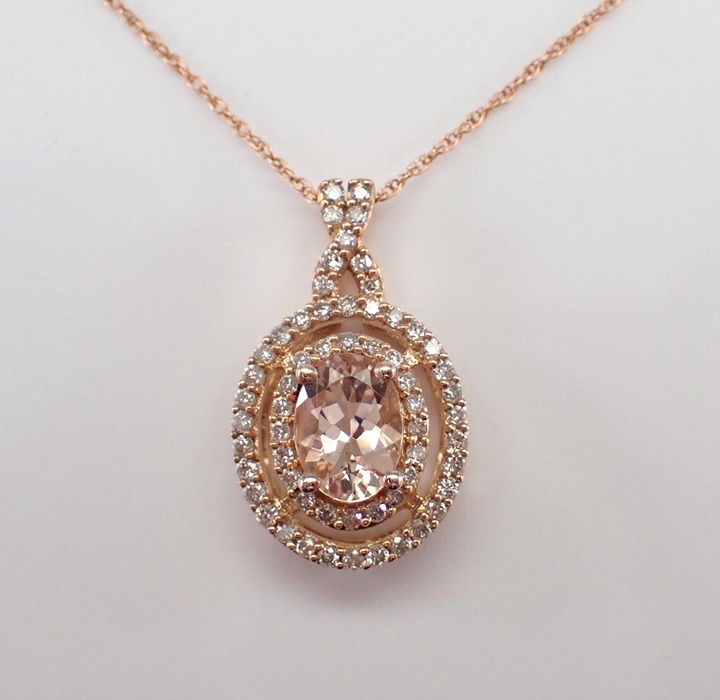 Morganite and Diamond Pendant and Chain - Rose Gold Halo Setting Charm Necklace