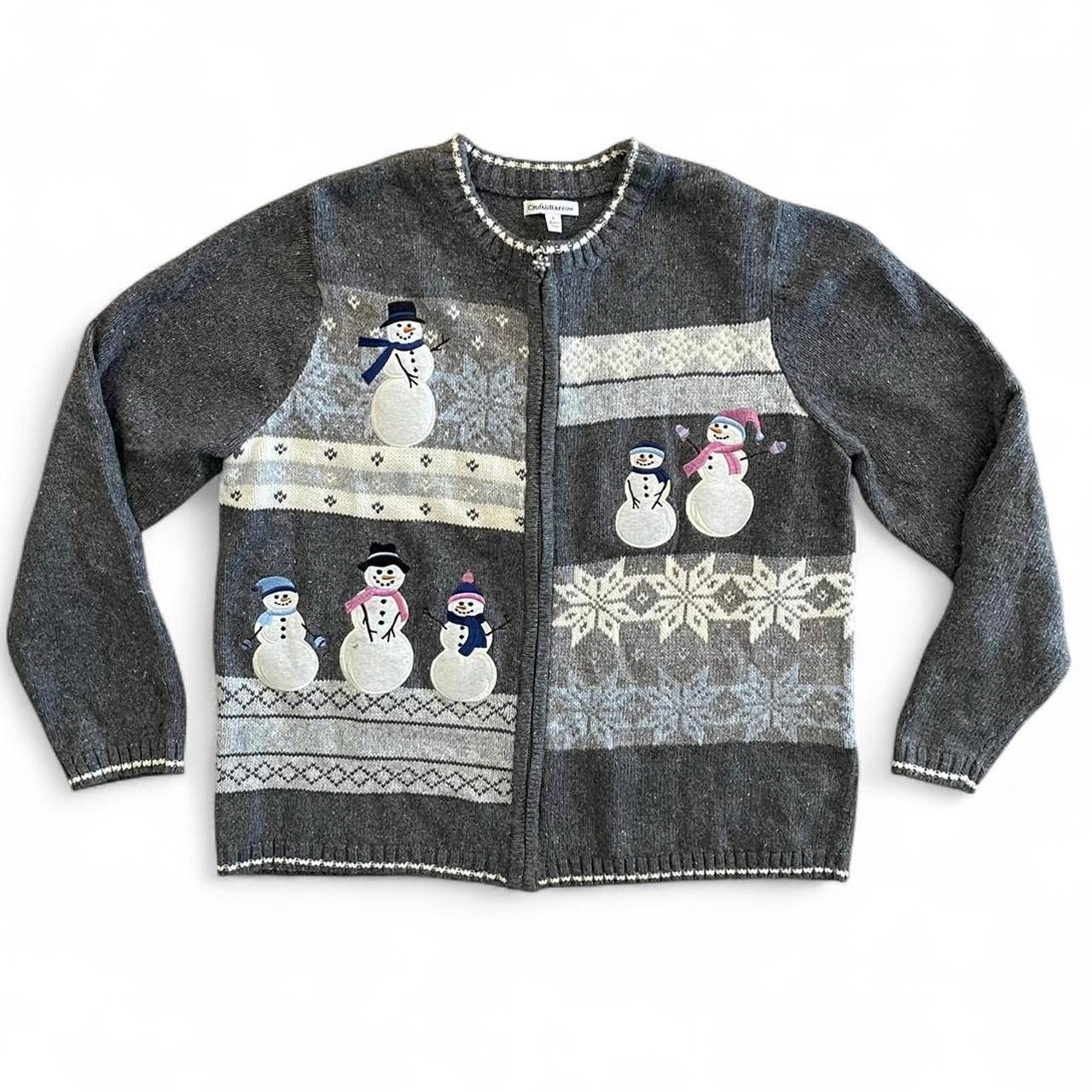 Vintage Silk blend Winter Holiday Snowman Embroidered Grandma Cottagecore Cardi
