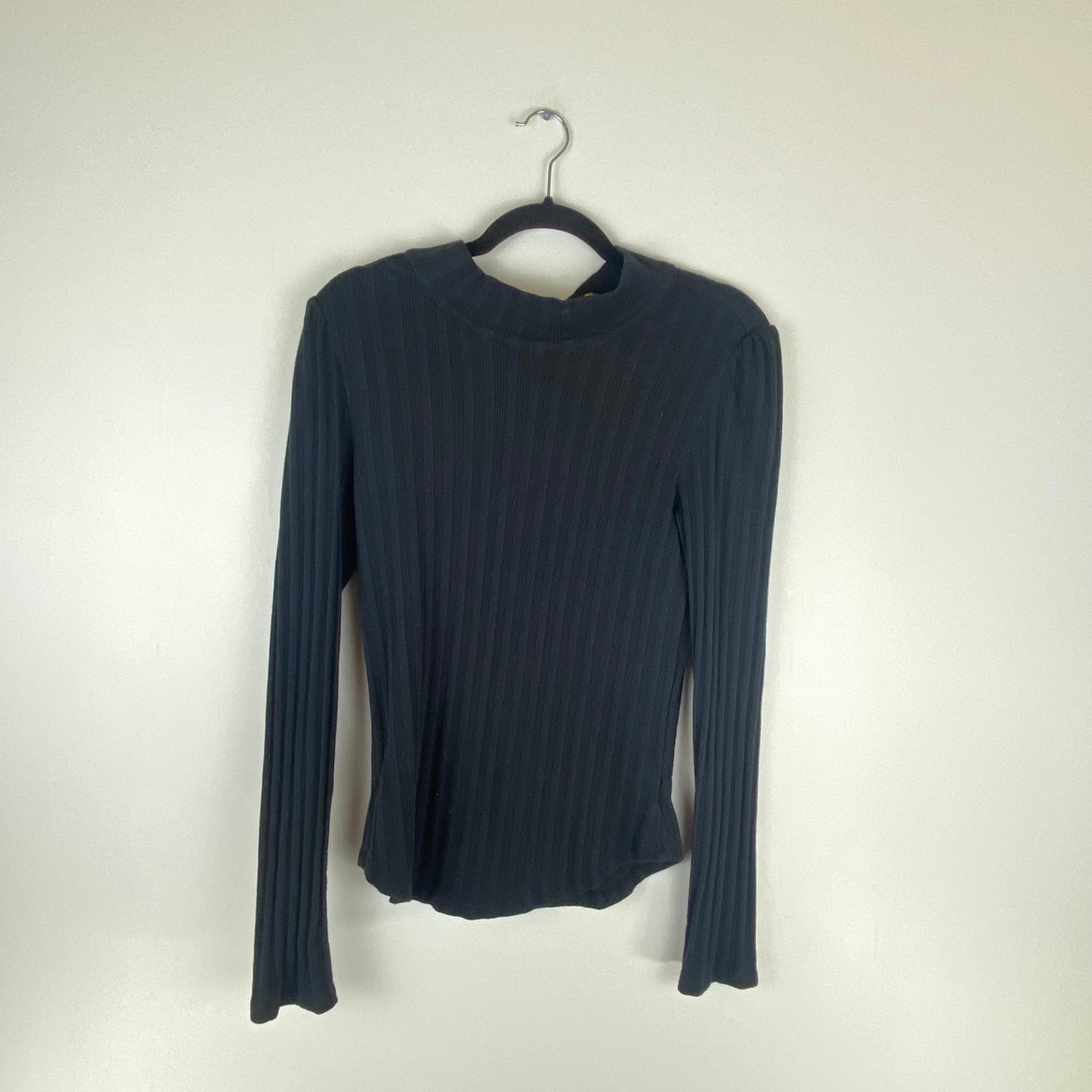 FREE PEOPLE Women Large Mock Neck Sweater Open Back Tie Knot Ribbed Black