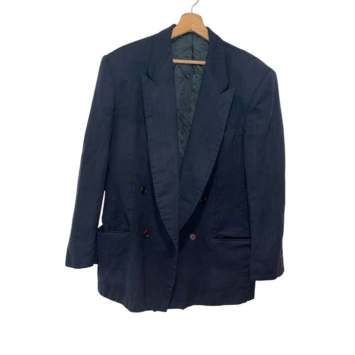 Giorgio Armani Le Collezioni Navy Pinstripe Wool Double-Breasted Blazer Jacket