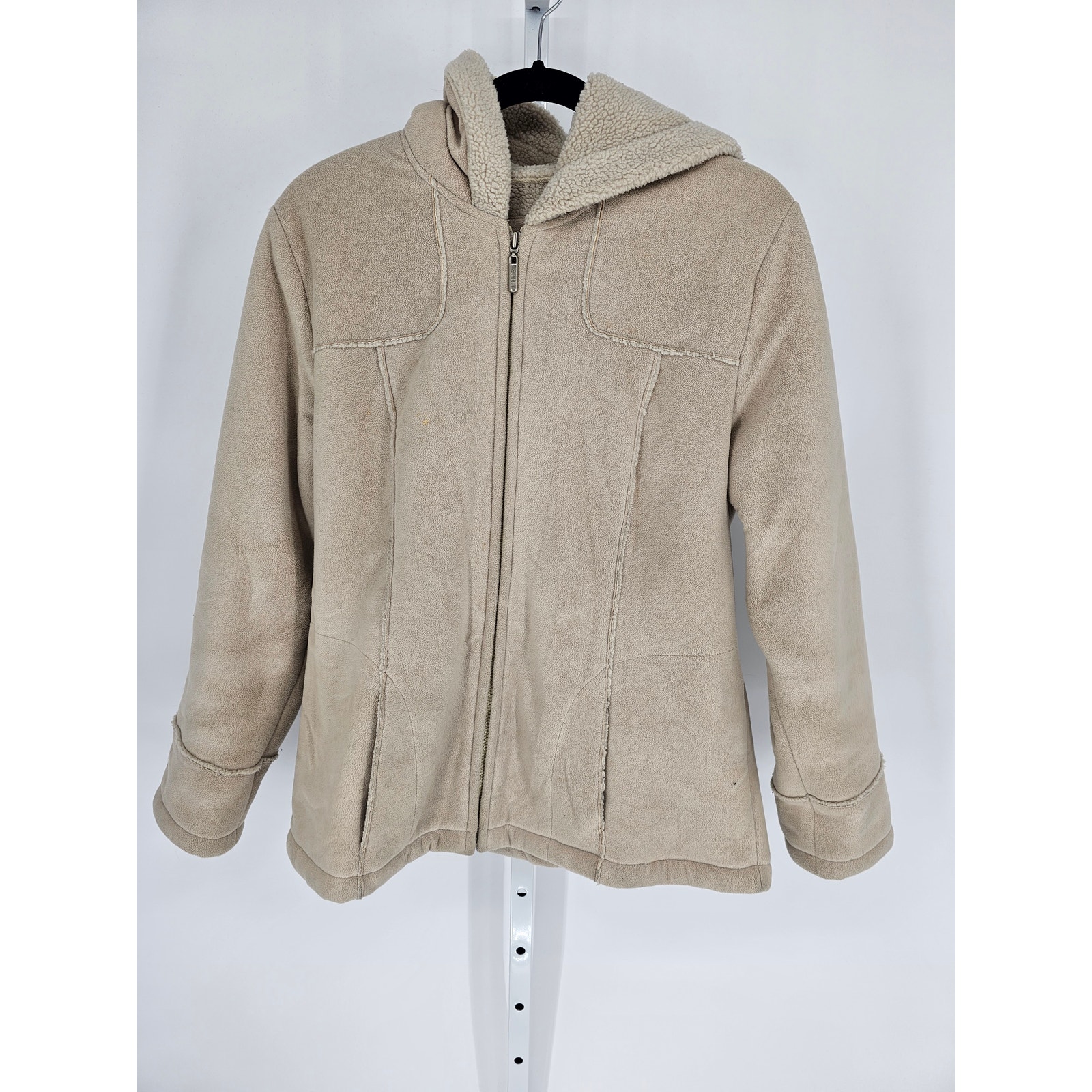 Esprit Outwear Women's Zipper Hooded Suede Faux Fur Sherpa Lined Coat Size L