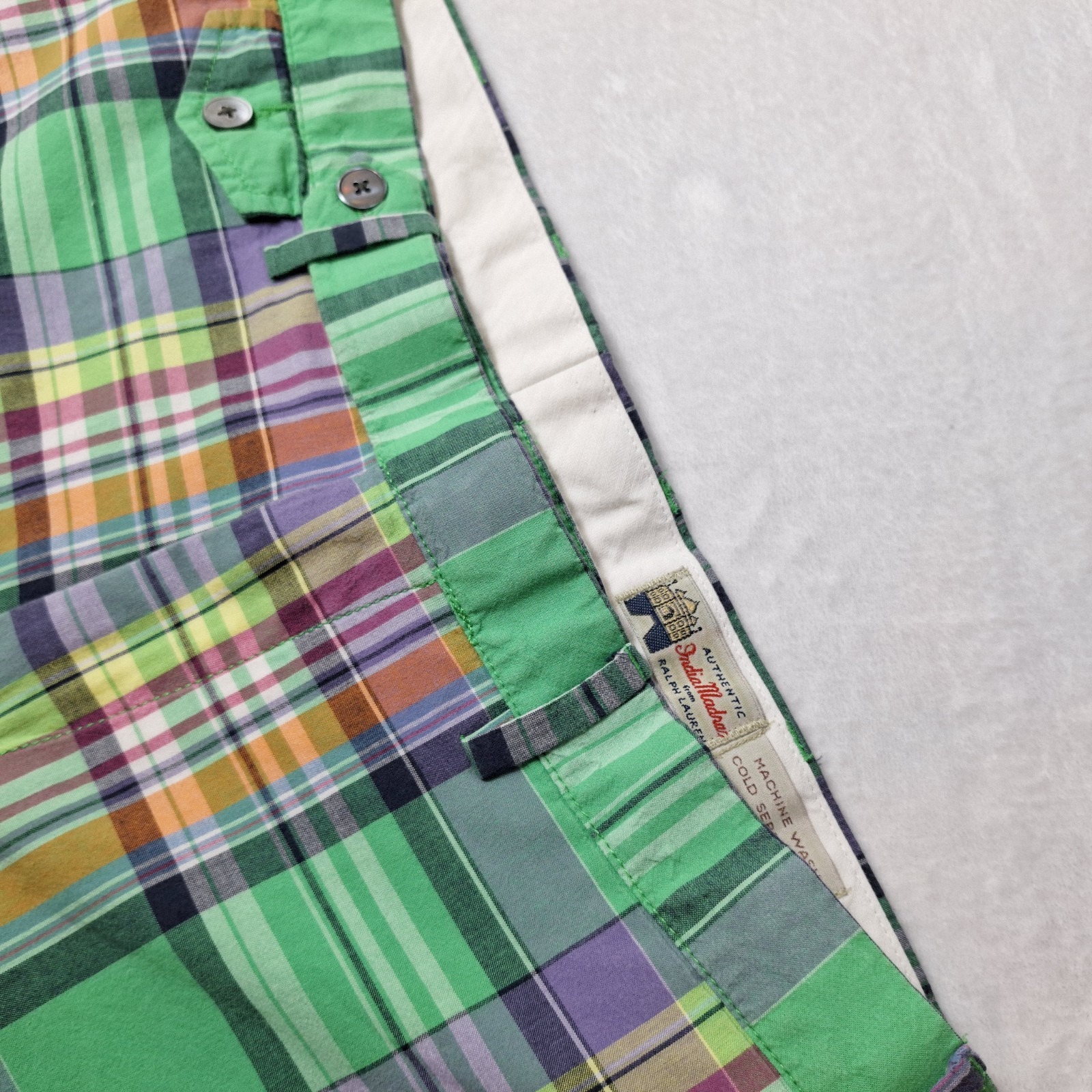 Vtg POLO Ralph Lauren India Madras Short Sz 34 Green Plaid Chino Classic Preppy