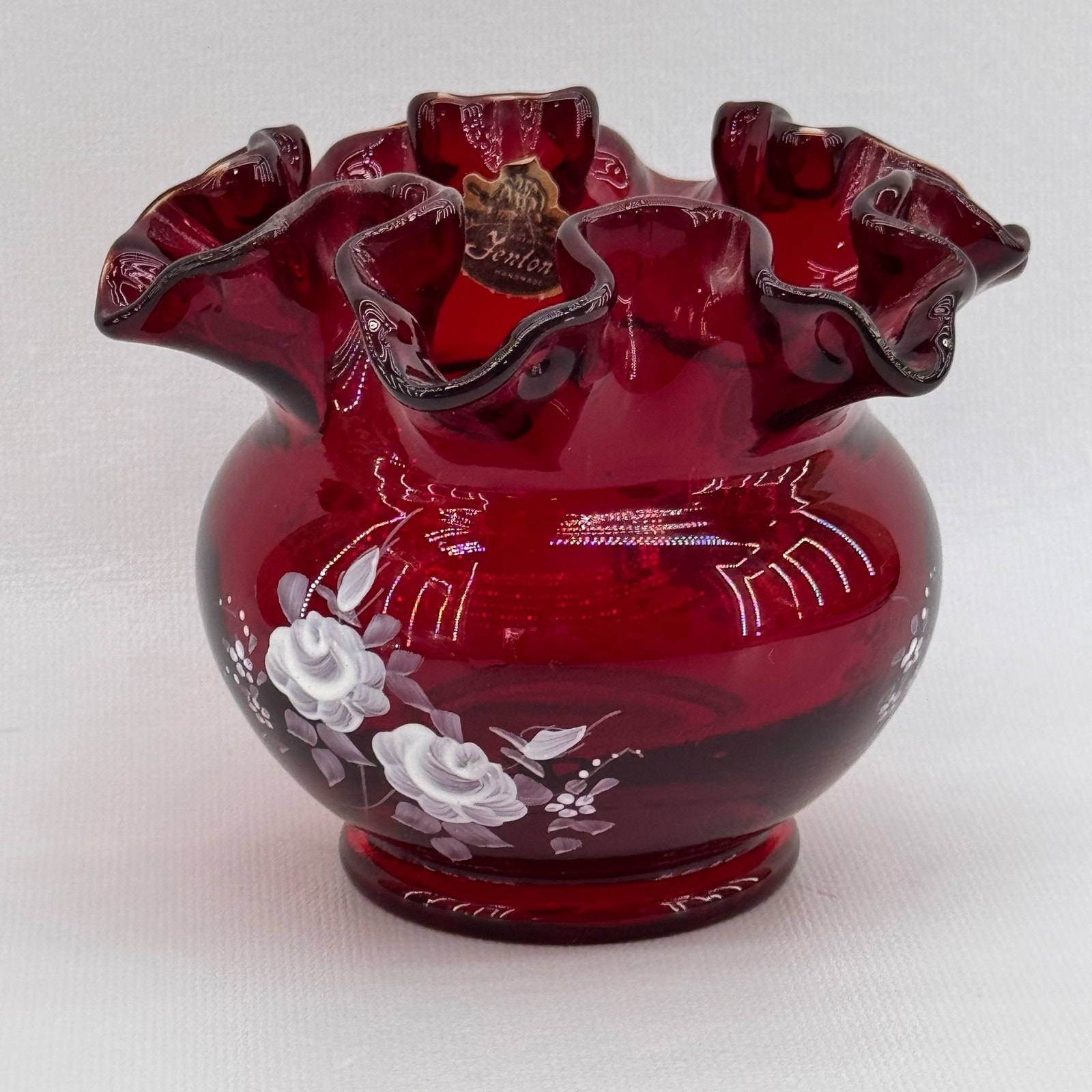 Fenton Ruby Red Glass Ruffled Rose Bowl Vase Signed Painted White Flowers 3.75