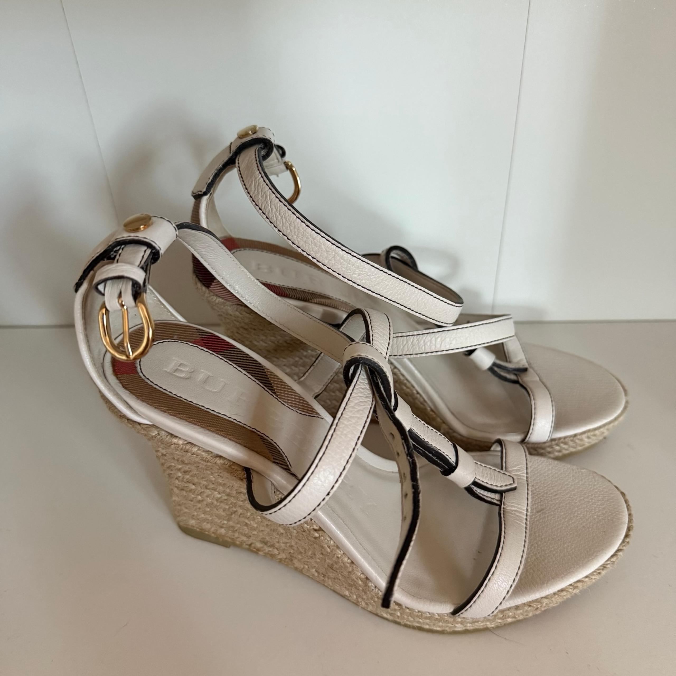 Burberry check woven leather wedge sandal espadrilles white