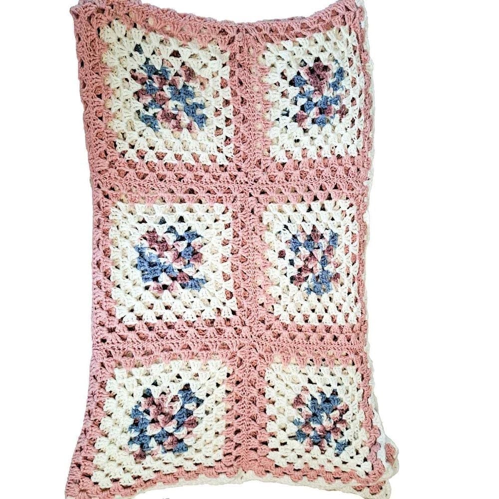 Vintage Handmade Crochet Afghan 50x70 Pink Blue White Twin Lap Blanket Baby
