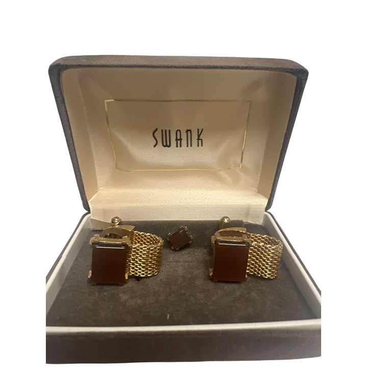 Swank Vintage 60's Tigers Eye Gold Mesh Cufflinks & Tie Pin Original Boz