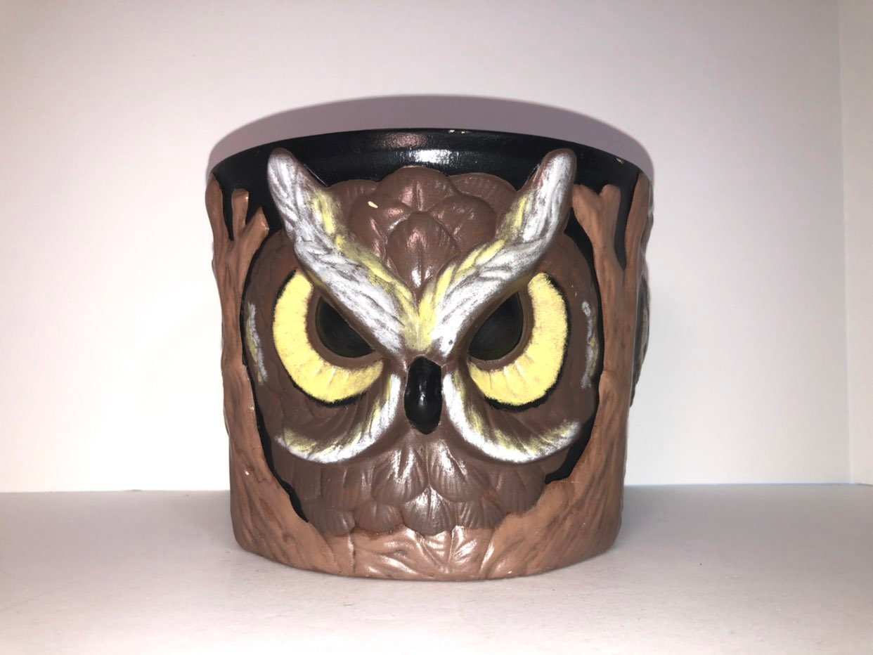 Handmade Ceramic Vintage 1982 Owl 3D Plant Holder Large Planter Hand Painted 6x7