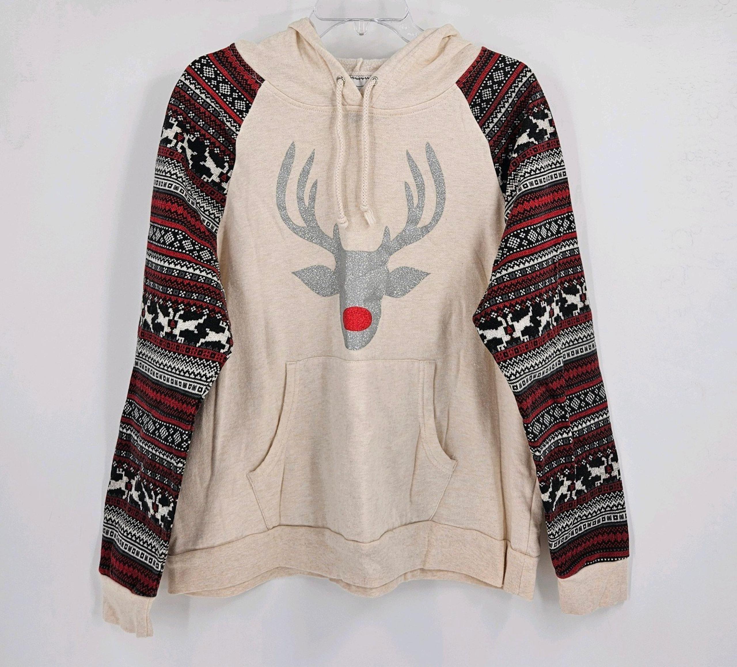 Red Noise Reindeer Women L Pull-on Hooded Sweatshirt Beige w/Holiday Print
