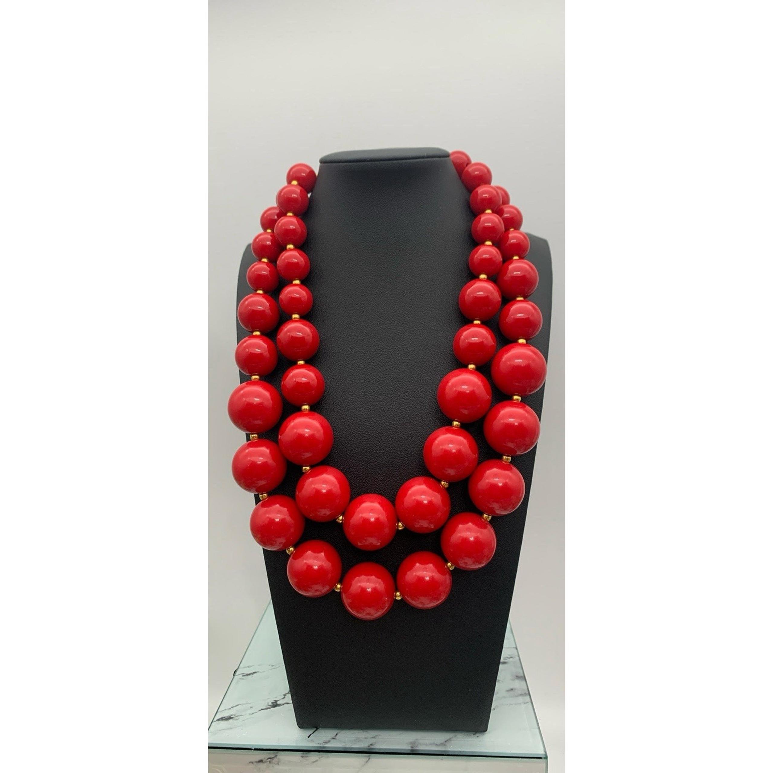 Bright Red Chunky Double Beaded Necklace With Small Gold Tone Spacer Beads
