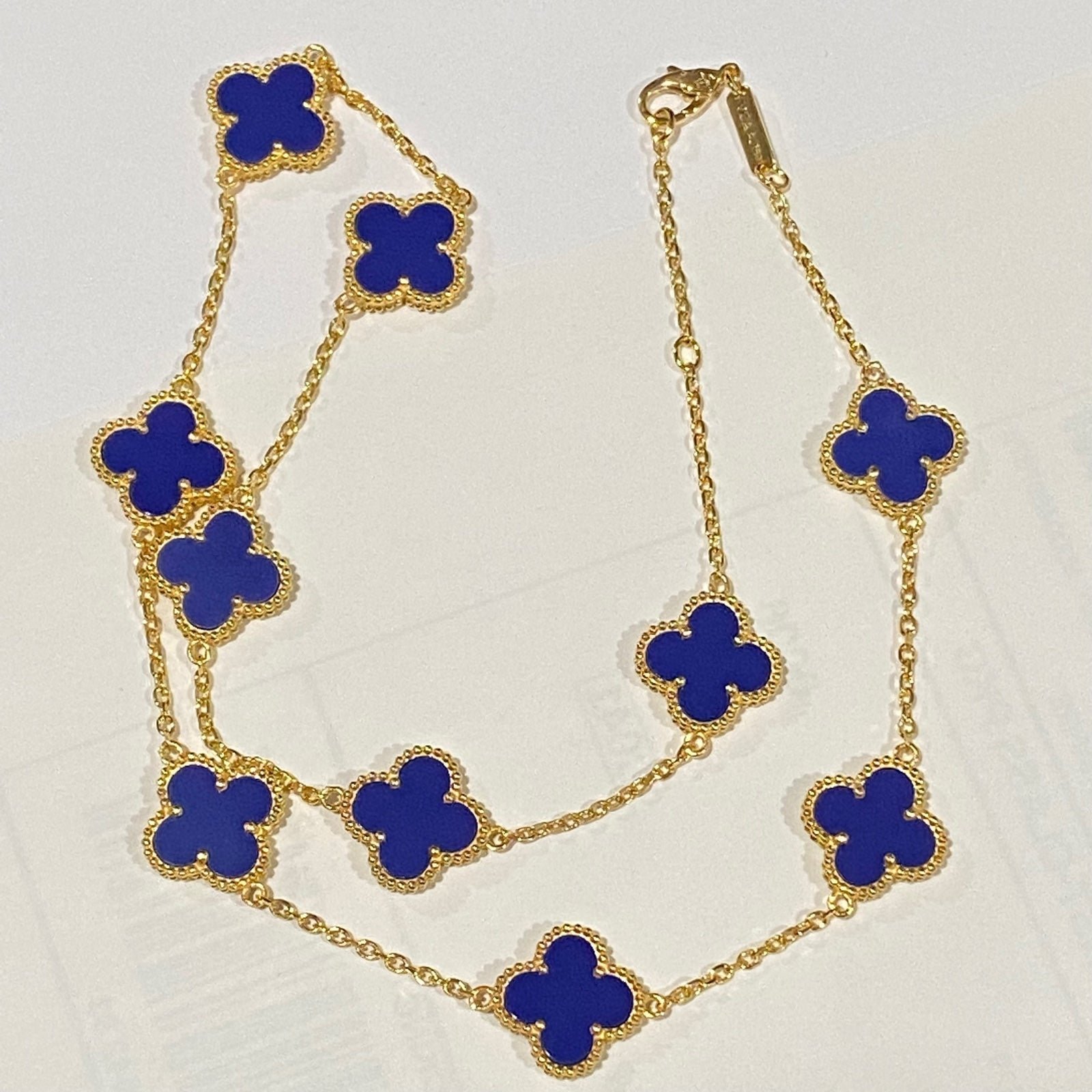 10 Motif Blue Lapis Lazuli Clovers Gold Flower Necklace