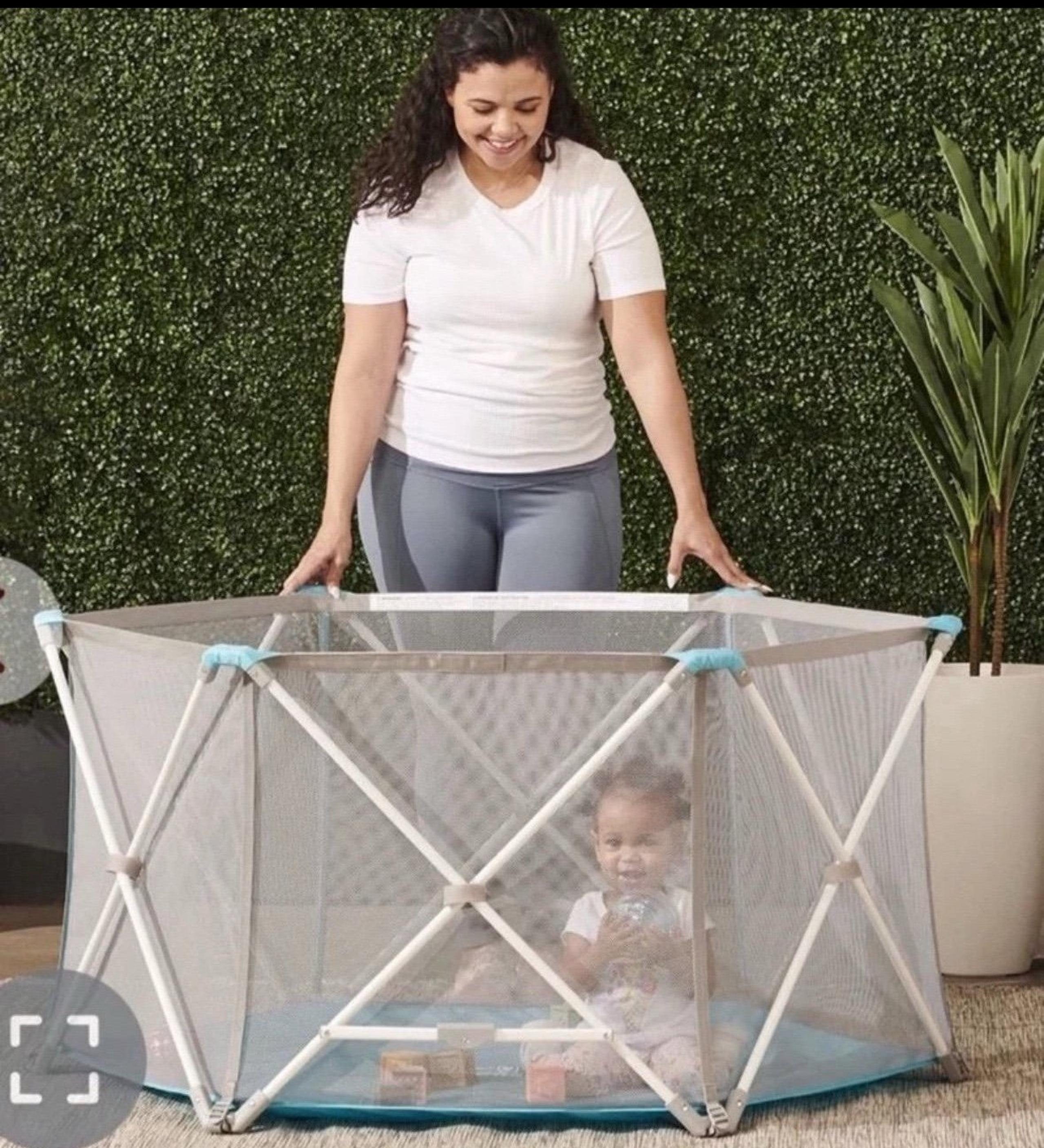 Regalo My Portable Play Yard Indoor And Outdoor, Washable, White/Gray/Teal, 6-Pa