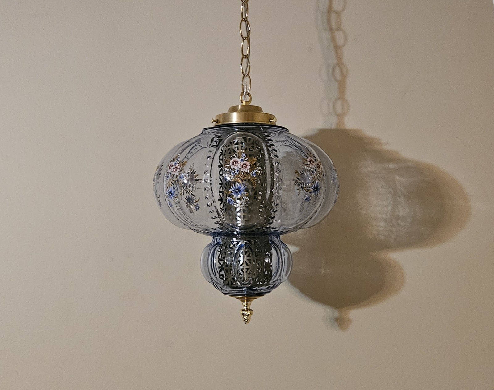 BLUE Flower Melon Falkenstein Vintage Glass Hanging Light Swag Lamp Globe Retro