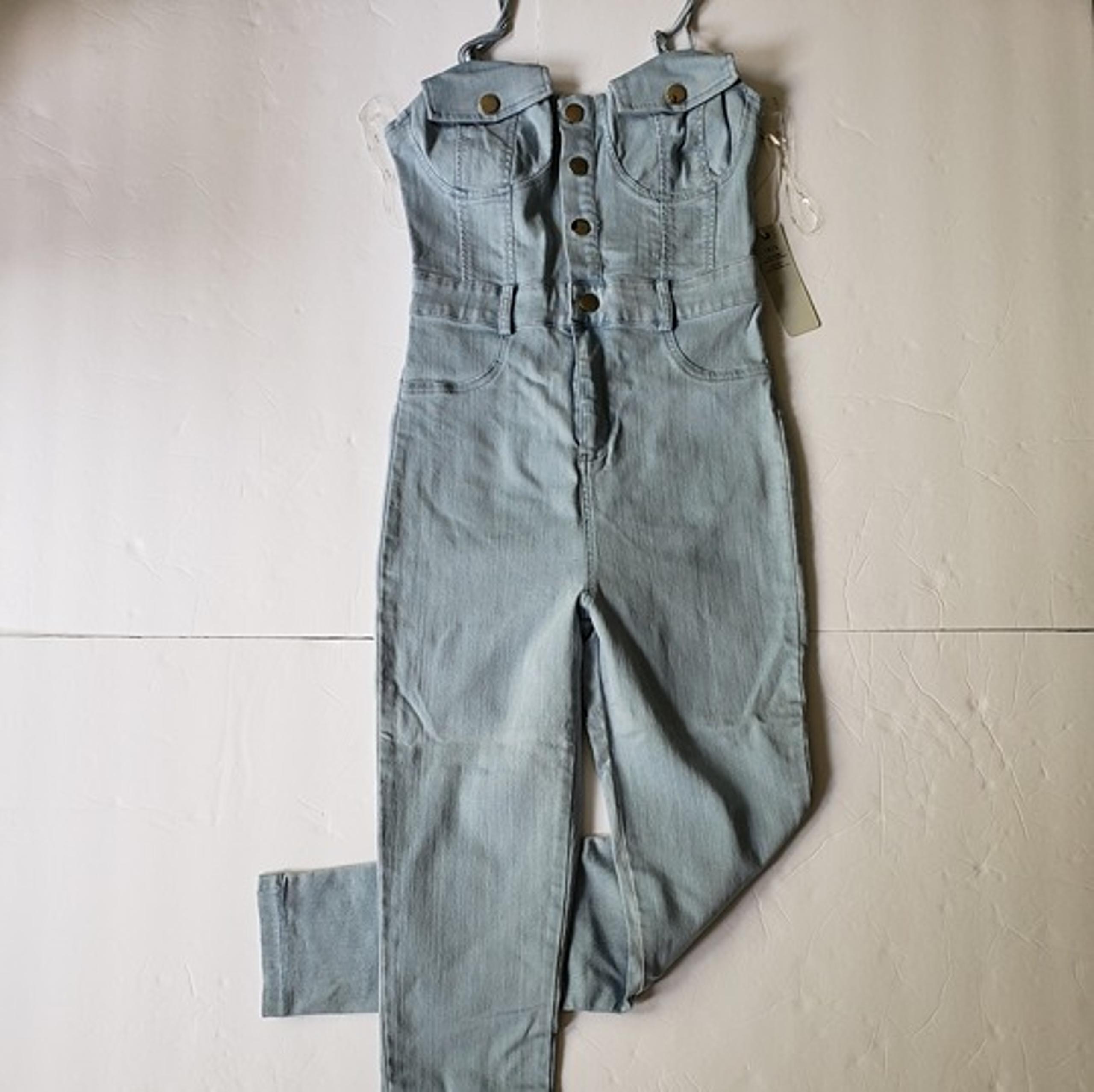 Iris Denim Jean Stretch Spagetti Strap Skinny Slim Overall Jumpsuit