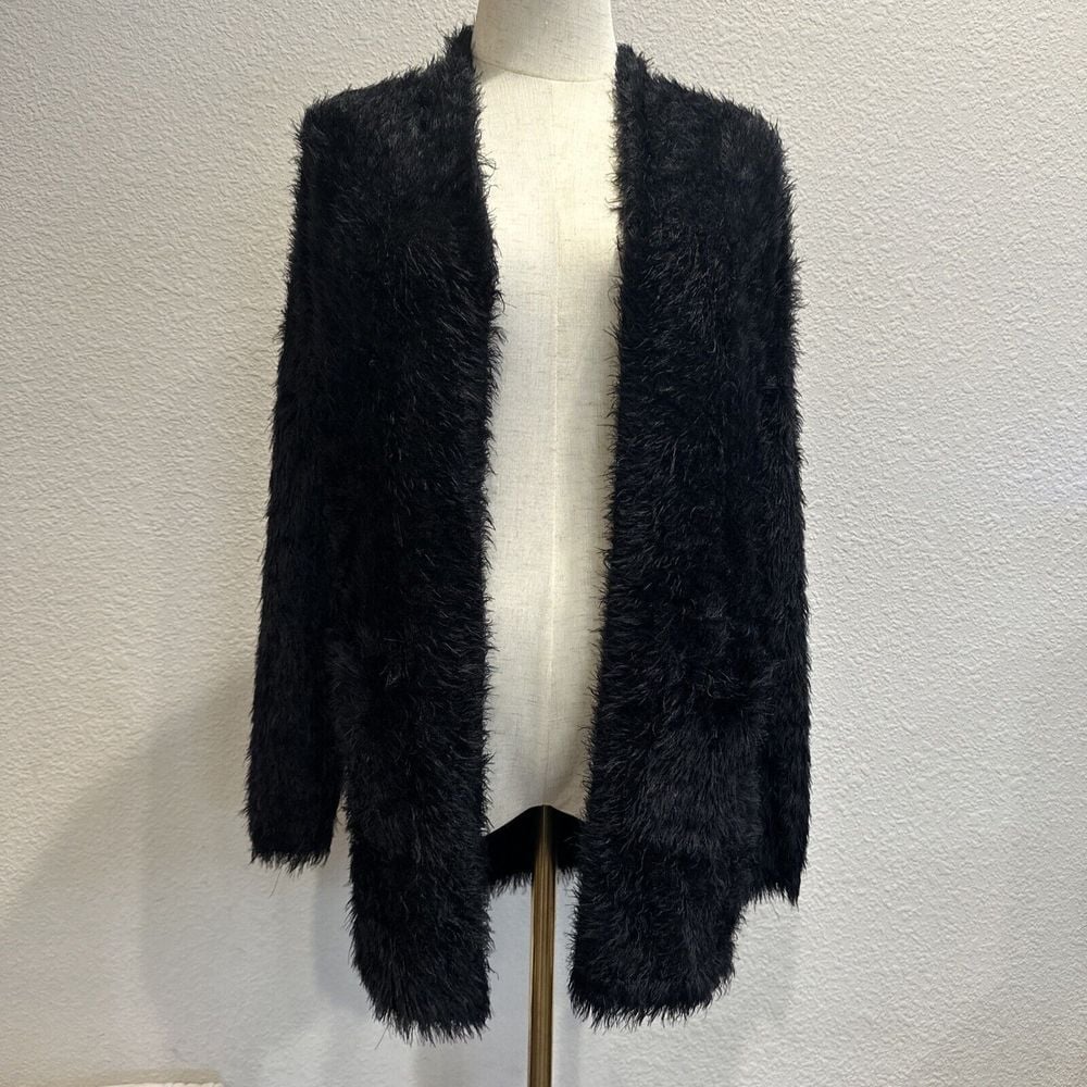 For Love and Lemons Knitz Black Fuzzy Open Cardigan Sweater Shaggy Women's XS