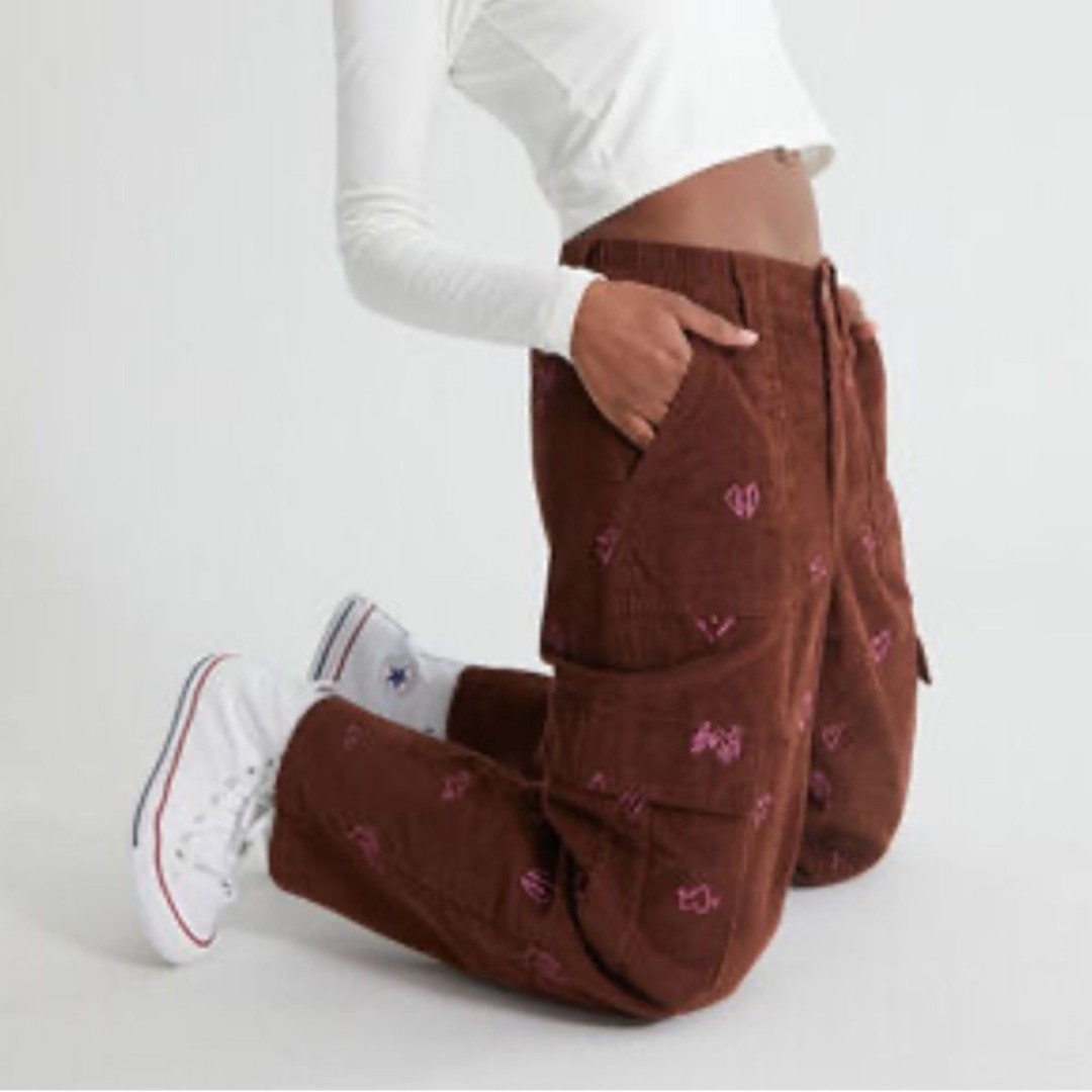NWT Pacsun Brown pink cargo joggers elastic waist brown hearts baggy corduroy