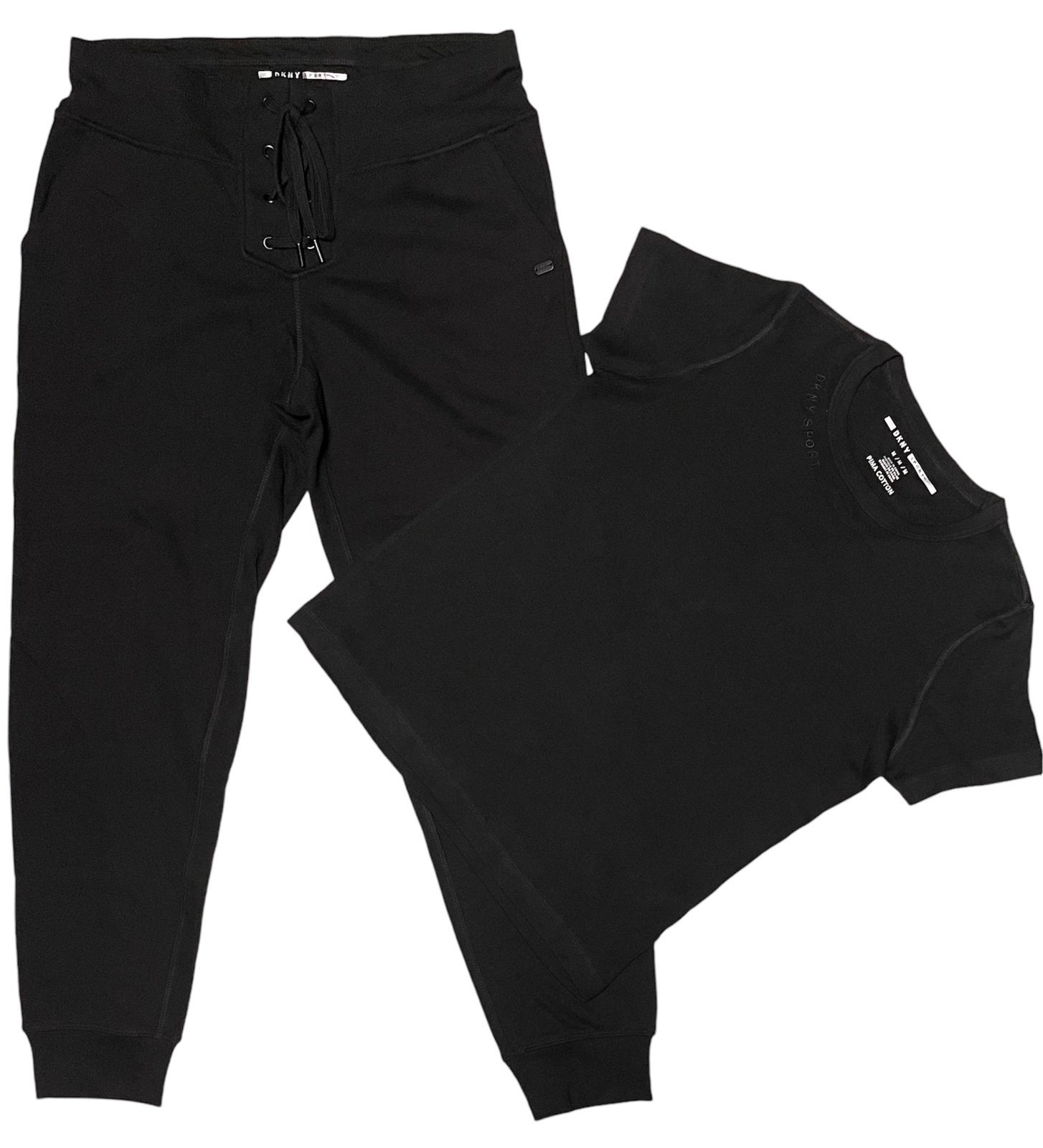 DKNY SPORT LACE-UP FLEECE JOGGER AND T-SHIRT SHORT SLEEVE SET WOMEN BLACK SIZE M