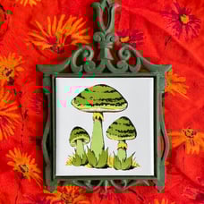 Vintage Mushroom ceramic tile cast iron green toadstool kitchen decor hot plate