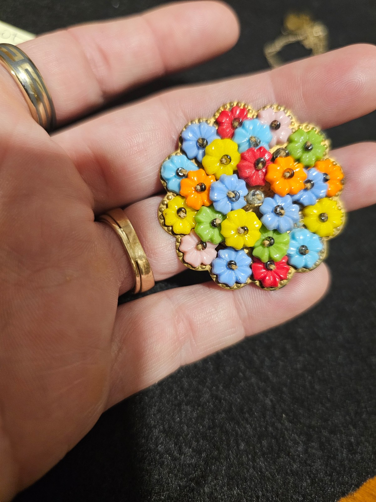 Vintage unsigned early Myriam haskell by frank Hess Multicolor molded glass pin