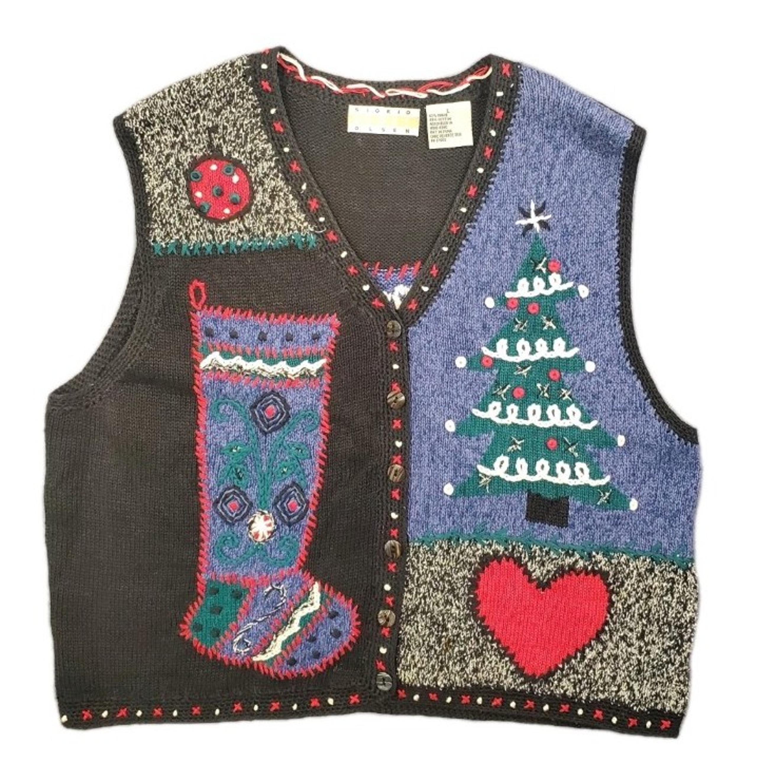 VTG Sigrid Olsen Black Whimsical Christmas Sweater Vest Stocking Partridge Sz L