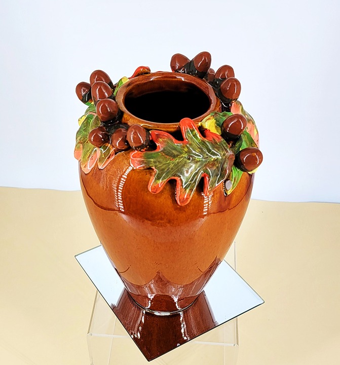 Hand Painted Acorn Fall Leaf Glazed 9.5" Nature Inspired 3D Pottery Vase NWOT