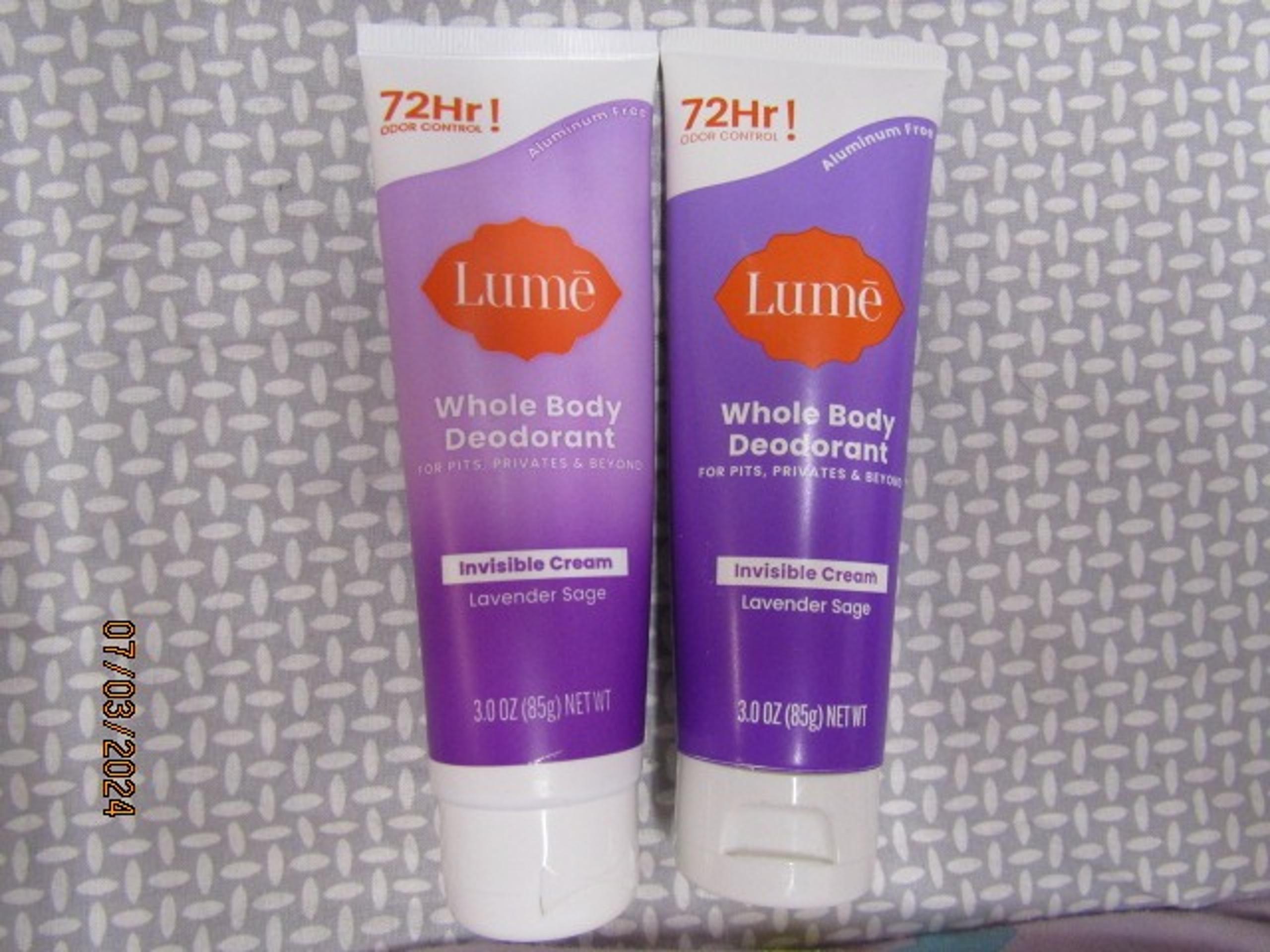 LUME~LOT OF 2~WHOLE BODY DEODORANT~INVISIBLE CREAM~LAVENDER SAGE 3oz EACH 157M