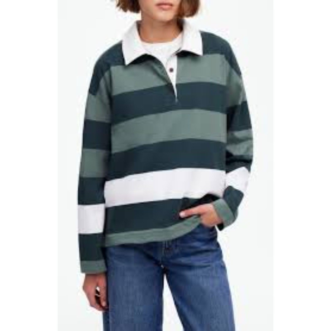 NWT Madewell Rugby Long-Sleeve Polo Shirt, Green/White Striped, Size L