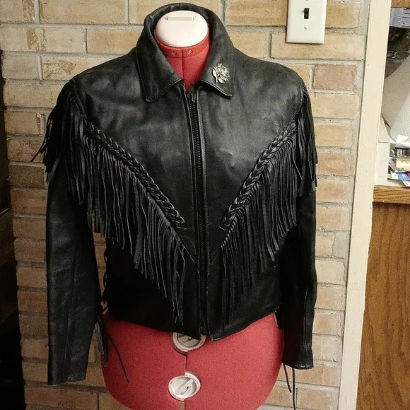 FIRST STAR FRINGED LEATHER MOTORCYCLE JACKET WOMENS 10 THINSULATE LINER