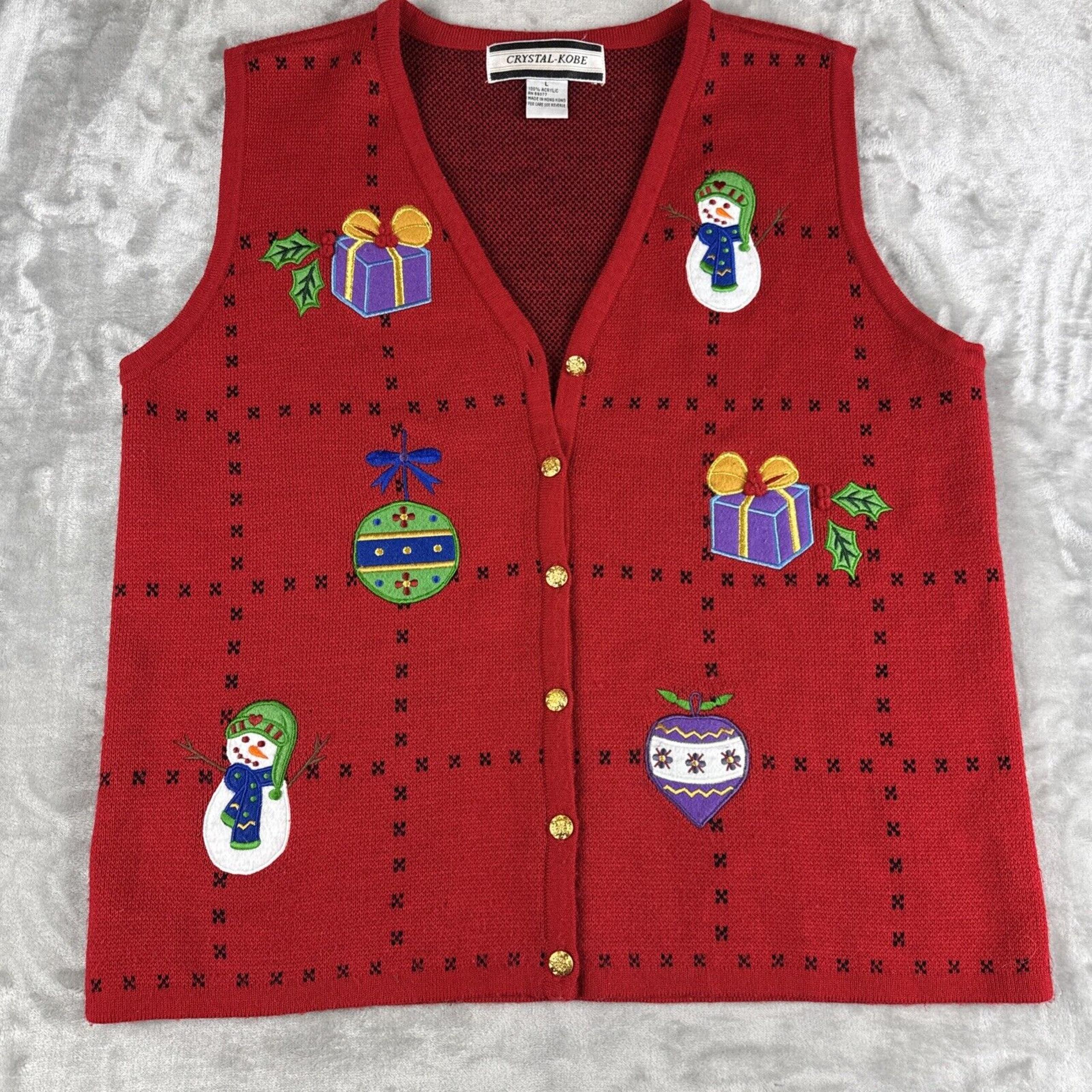 Crystal Kobe Christmas Vest Women's Large Red Gold Snowman Presents Ugly (1064)
