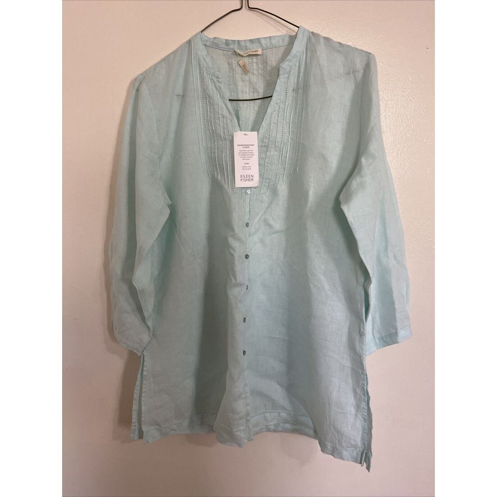 EILEEN FISHER Pool Blue Handkerchief Linen Pintuck Long Shaped Shirt Tunic Top M