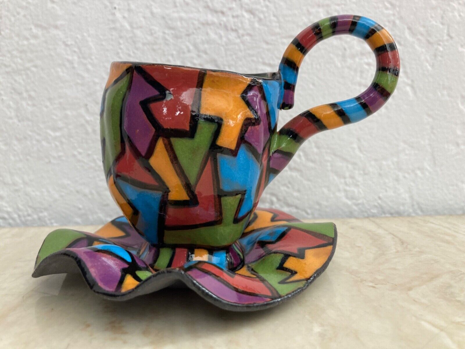 Vintage Lot - 2 cups saucers 90s Jane Pate Signed Art Pottery Ceramic Sculpture