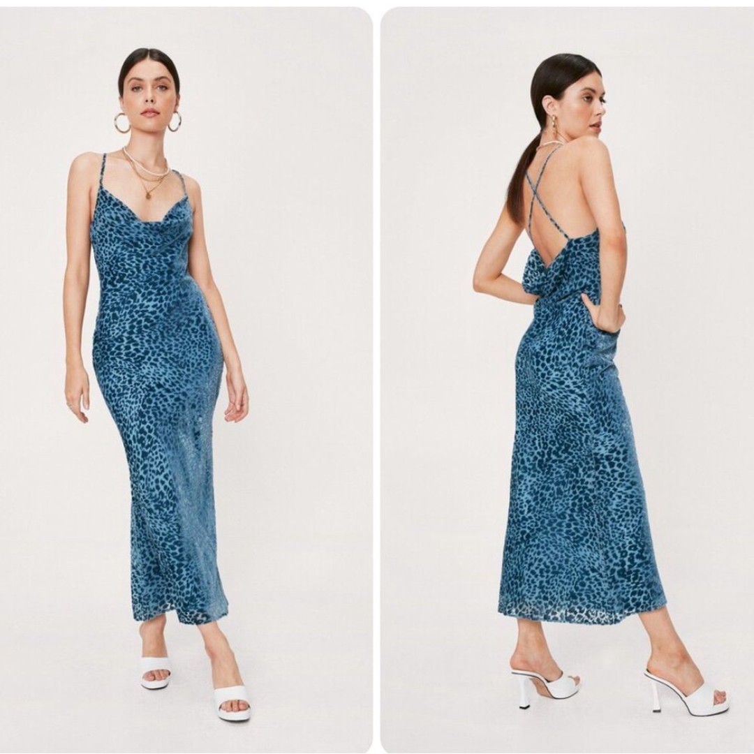 Nasty Gal Velvet Animal Print Cowl Neck Midi Slip Dress in Teal