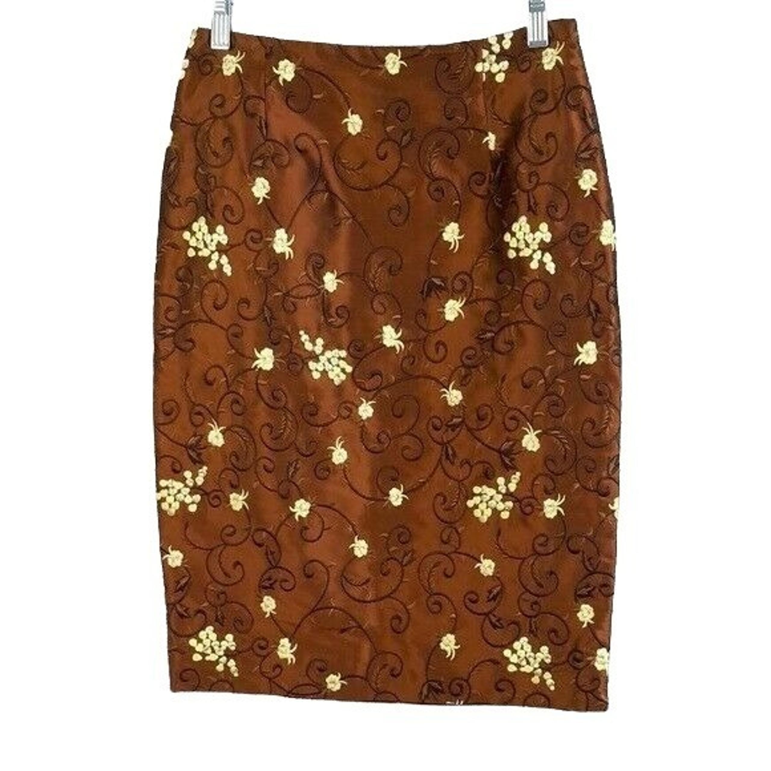 Etcetera Silk Skirt Brown Size 2 Lined Zipper Floral Embroidered Straight Pencil