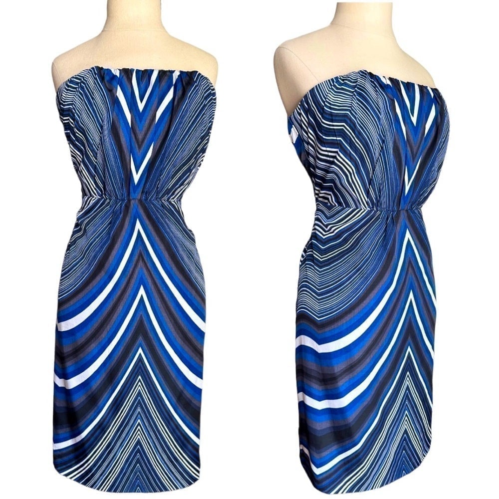 The Limited Blue Black Art Deco Strapless Art Geo Blouson Mini Dress Size 8