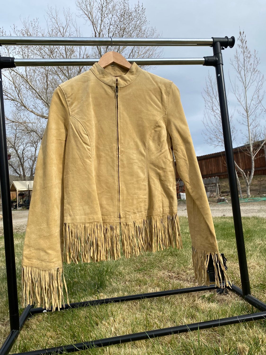 Tan fringe leather jacket western women's size large