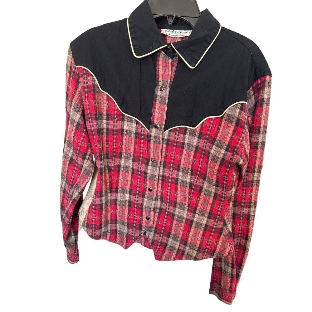 Adobe Rose Western Black Pearl Snap Down Rockabilly Style Lined Collar Womens SM