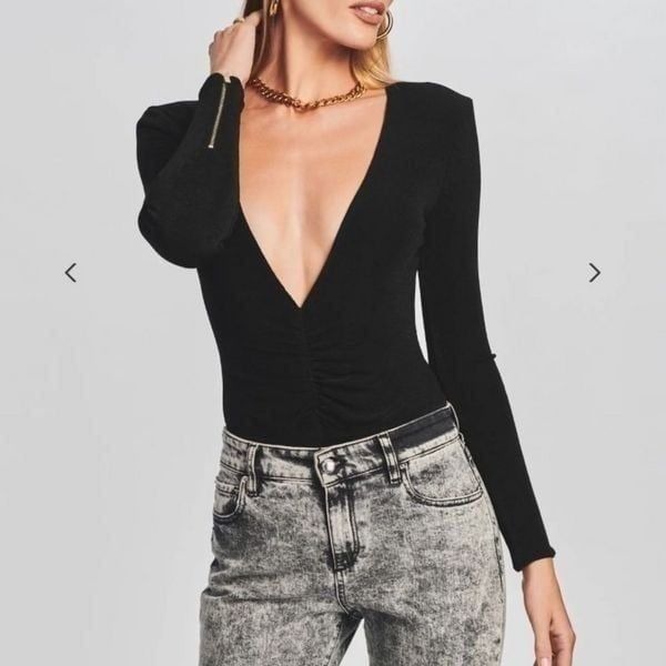 Retrofete Zelia Thong Black Stretch Long Sleeve Plunge BodySuit NWT