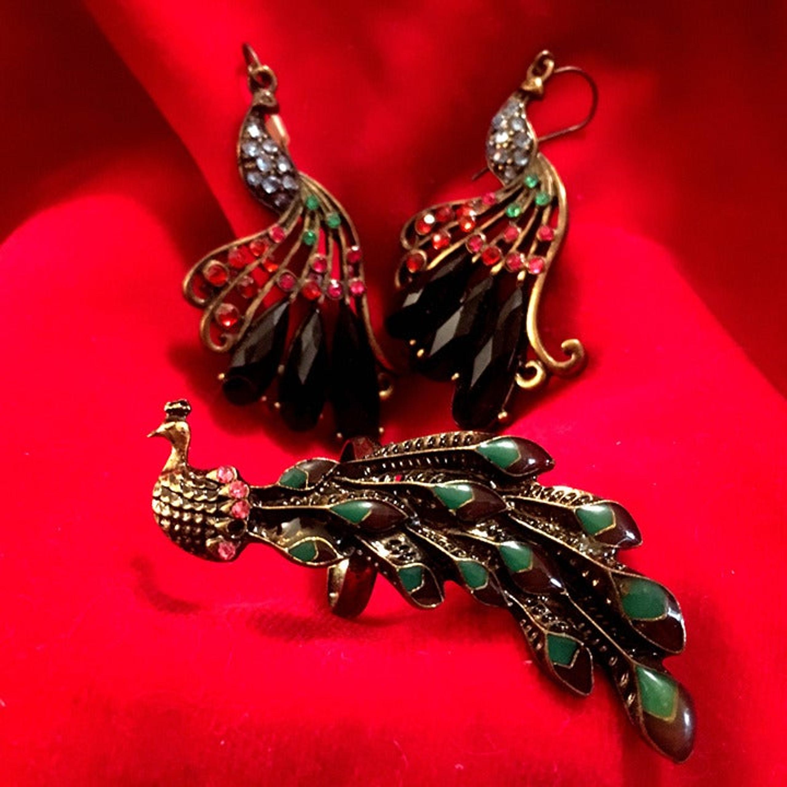 Peacock Finger Ring Earrings Set Multi-Color Stones Gypsy Witch Victorian Flashy