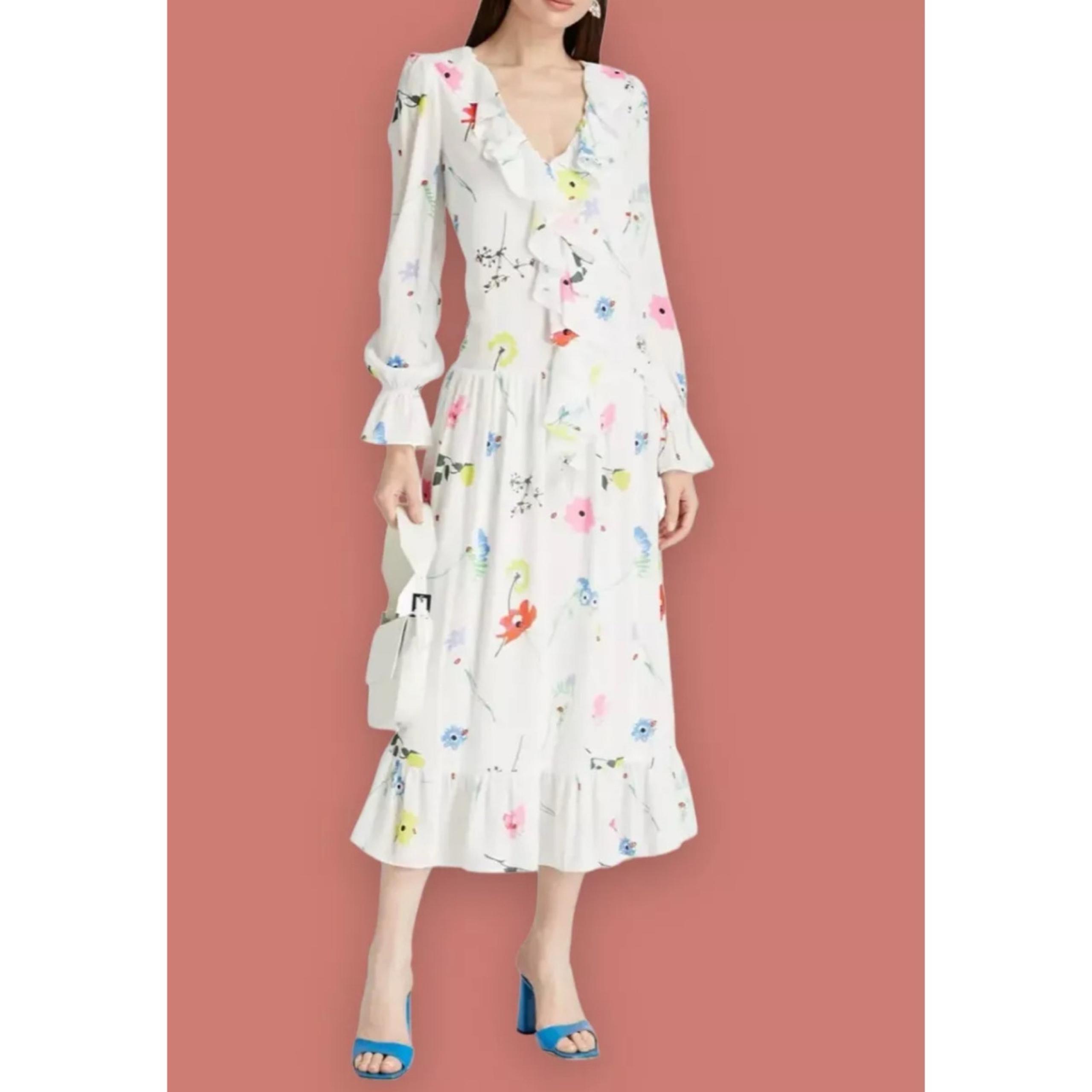 Olivia Rubin Lily White Chiffon Ruffle Floral Midi Dress 6 NWT $560