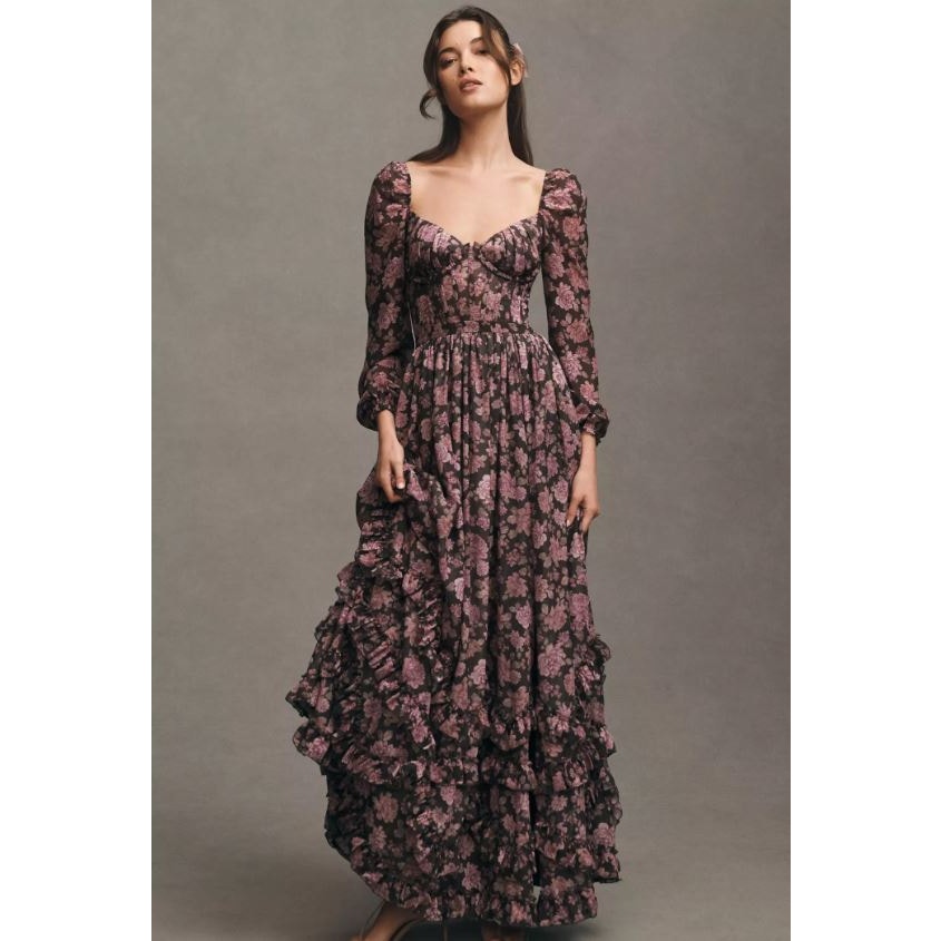 Anthropologie X V. Chapman Carmella Corset Side-Slit Chiffon Maxi Dress Size 8
