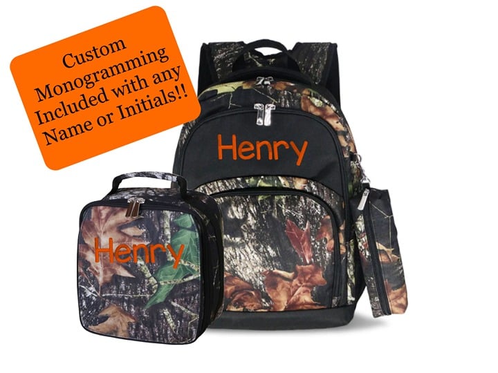 Personalized Camouflage Backpack and Lunchbox Set with Custom Monogram