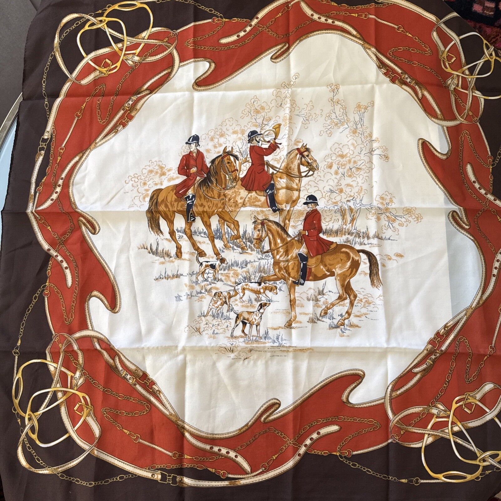 Vtg Equestrian Hounds Horses Scarf 29.5” Square Made in Italy Brown Cream Orange
