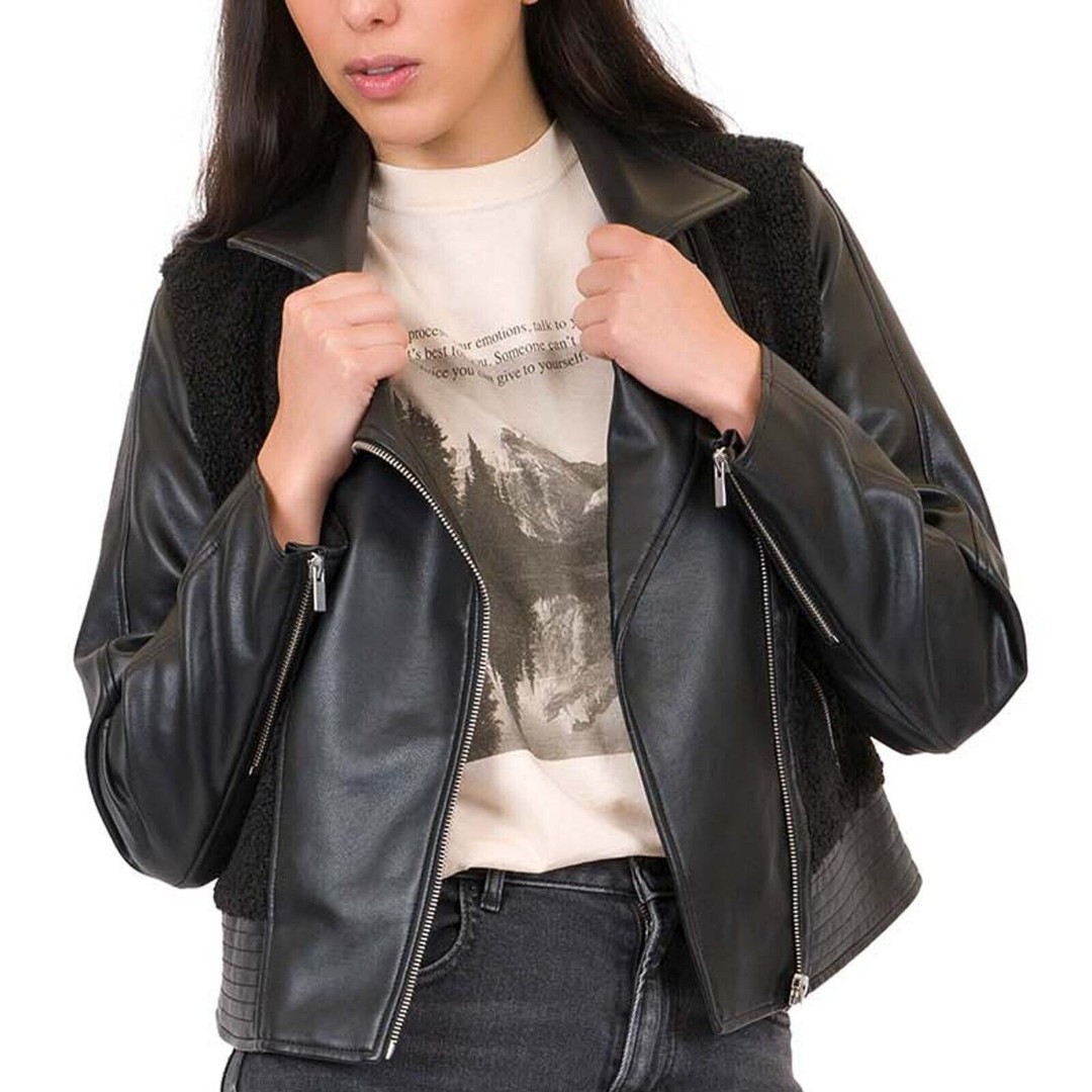 Slate & Willow Genuine Leather Moto Jacket Women L Black Sherpa Shearling Bomber