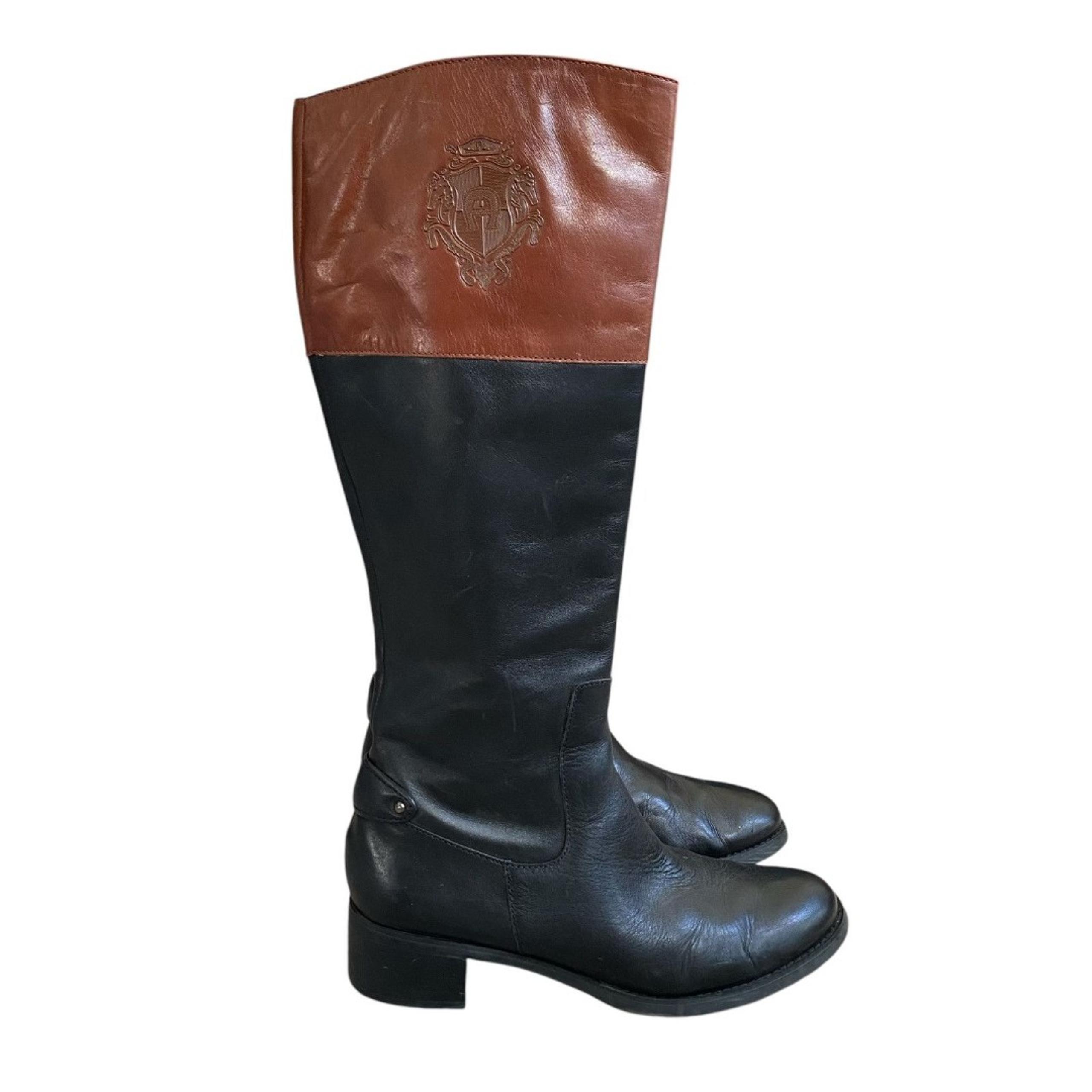 Etienne Aigner Equestrian Riding Boots 7.5M/37.5 Black Brown Leather Knee High