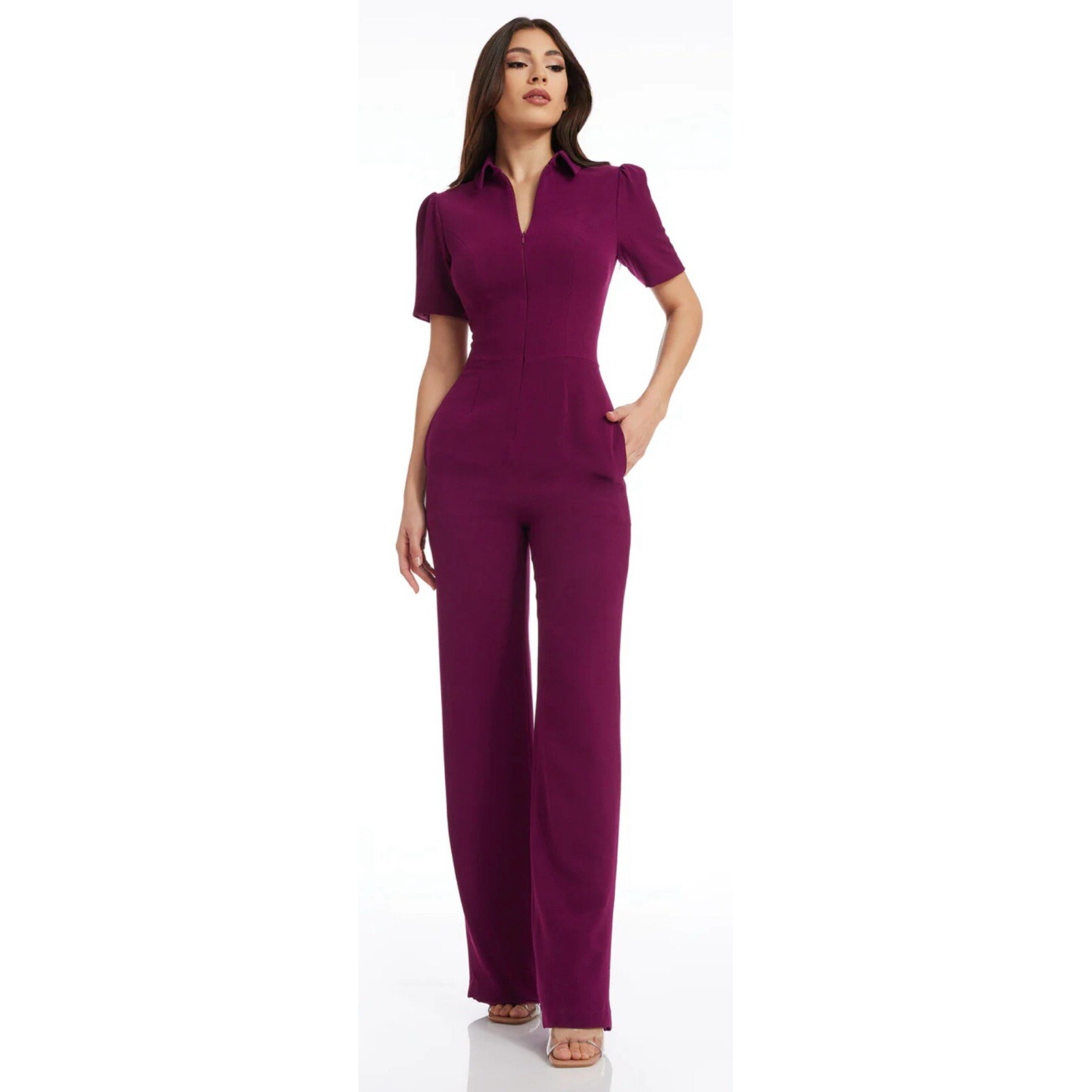NWT Dress The Population Gloria Front Zip Jumpsuit w/pockets Dark Magenta Sz XXS