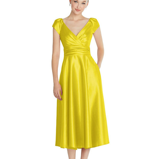 Cap Sleeve Faux Wrap Satin Midi Dress with Pockets...TH091...Citrus...Size 14