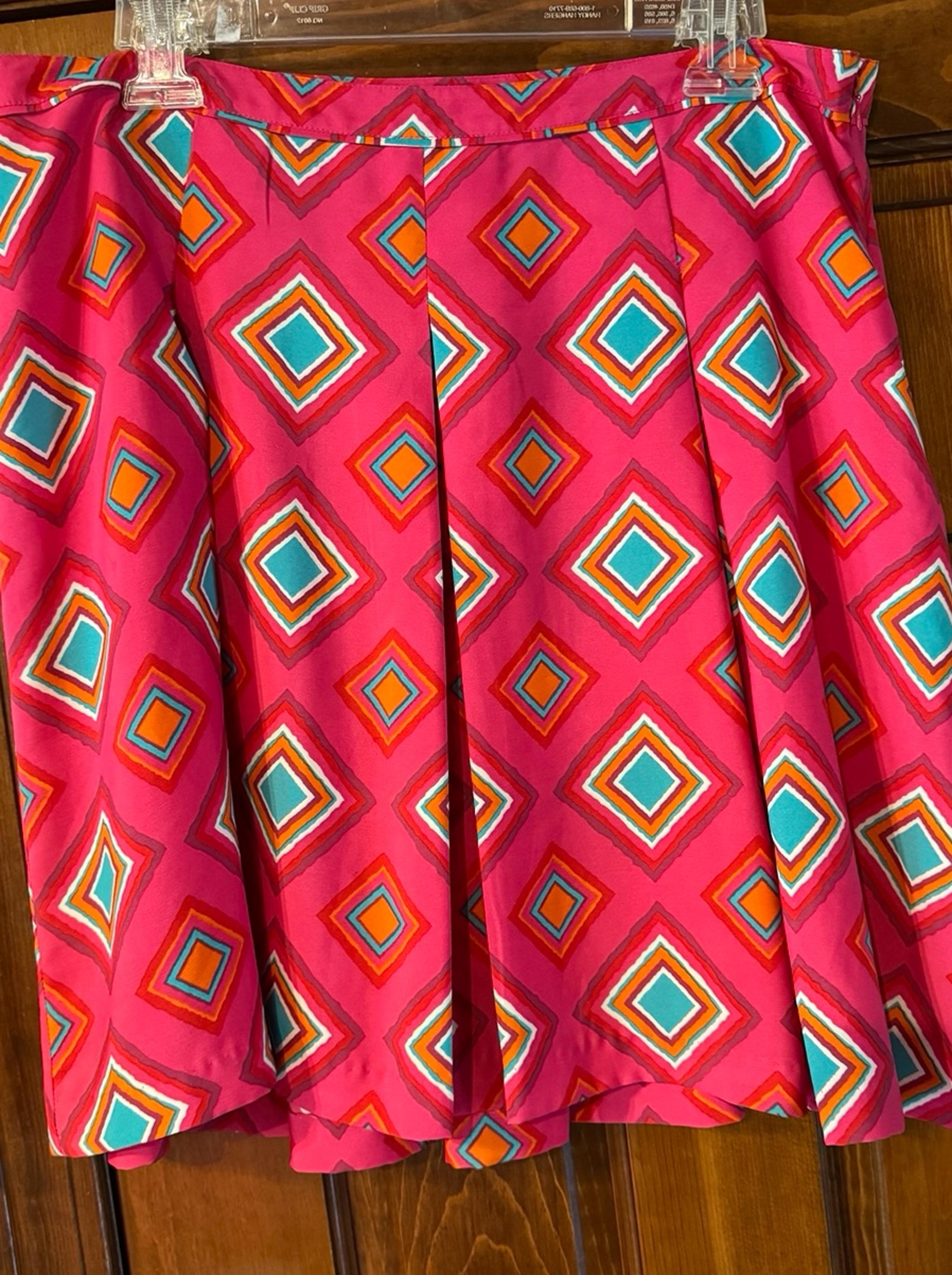 Tommy Hilfiger Silky Pleated Skirt Fuchsia Teal Geometric Print- 10/12