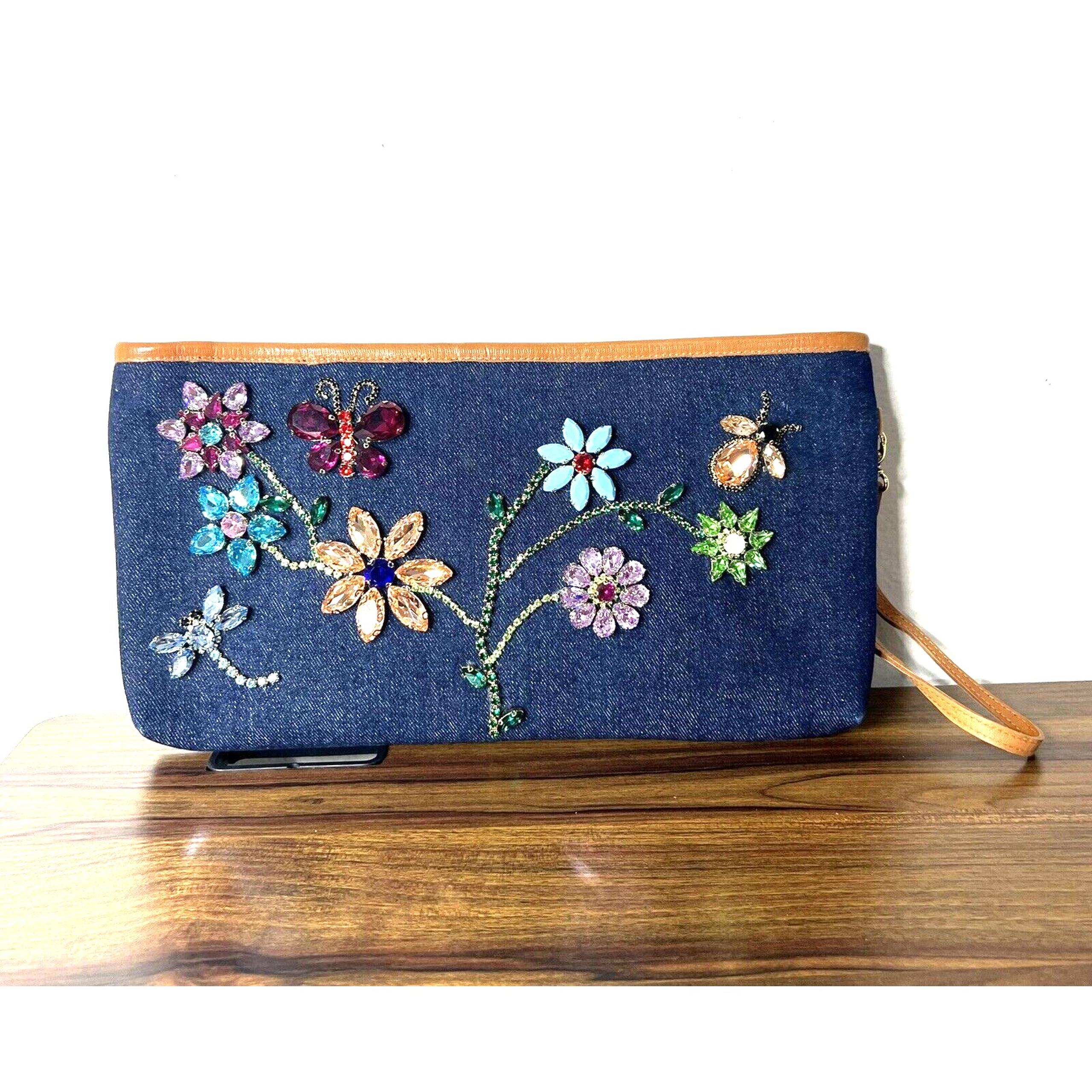 Mystique PURSE CLUTCH VINTAGE pronged RHINESTONEs denim WRISTLET 14.5x8" rare