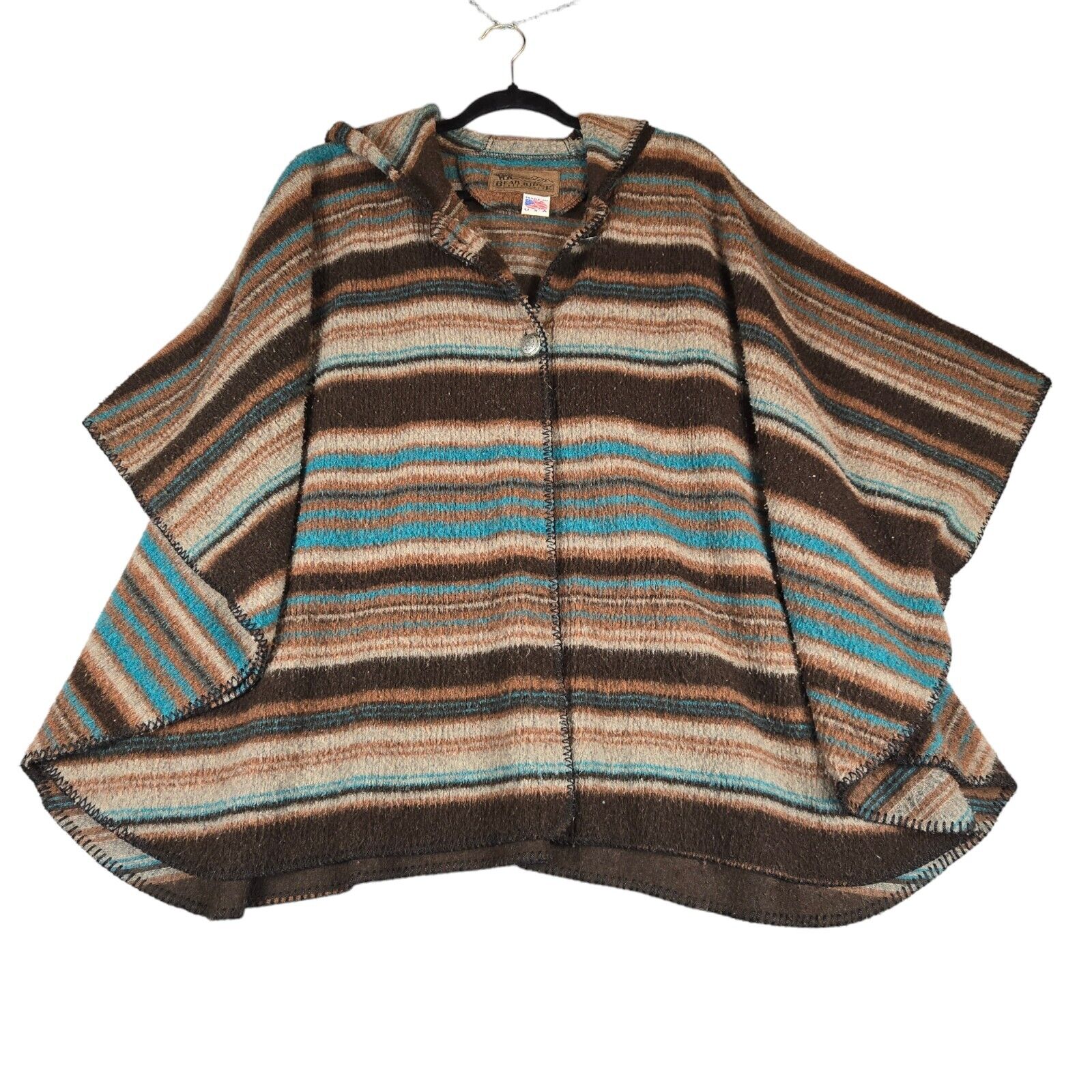 Bear Ridge Outfitters Womens Fleece Poncho Brown Blue Striped Hooded Oversize