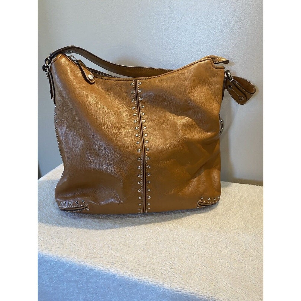 Michael Kors Cognac Leather Silver Studded Large Shoulder Bag Hobo Lined