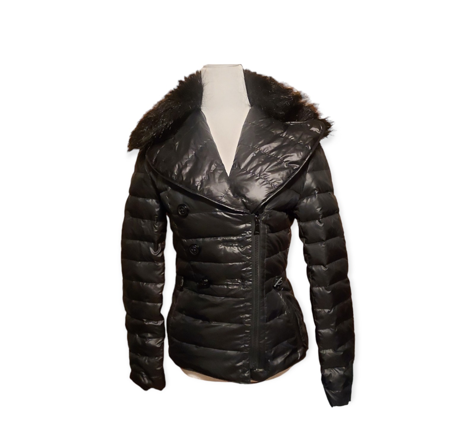 moda internationals Coat Jacket Quilted Black Full Zip Moto Fur Collared.... dim
